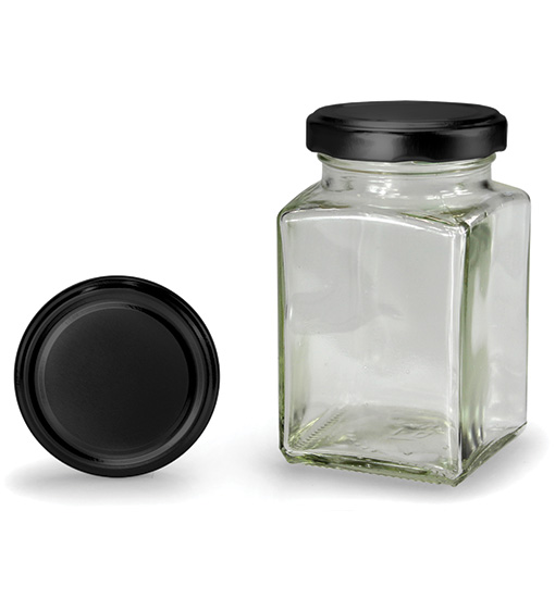 Čtyřhranná sklenice s černým víčkem 260 ml (TO 58)